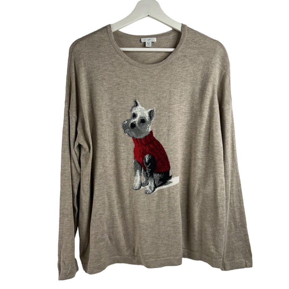 J Jill Size MP Petite Sweater Weston Schnauzer Dog Lightweight Novelty Tan Beige